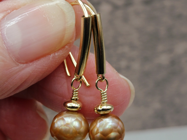 EG-19 Golden Faceted Freshwater Pearls and Gold Fill Drop Earrings