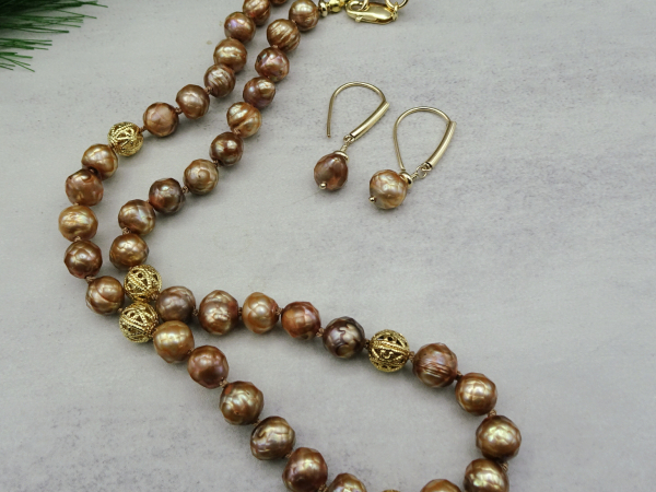 EG-19 Golden Faceted Freshwater Pearls and Gold Fill Drop Earrings