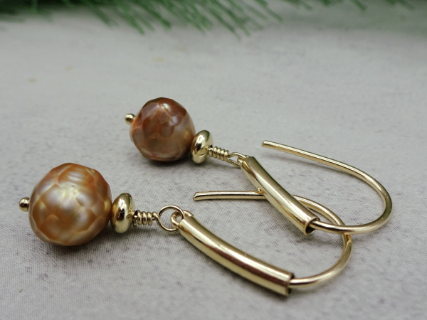 EG-19 Golden Faceted Freshwater Pearls and Gold Fill Drop Earrings