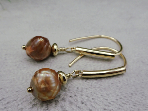 EG-19 Golden Faceted Freshwater Pearls and Gold Fill Drop Earrings