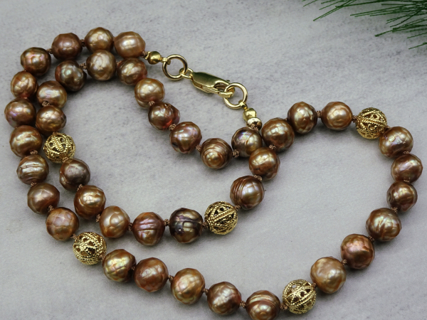 NG-4 Hand Knotted Gold Freshwater Pearl Necklace