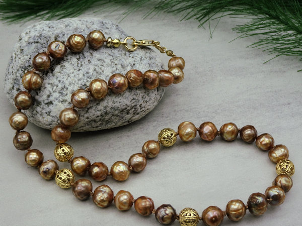 NG-4 Hand Knotted Gold Freshwater Pearl Necklace
