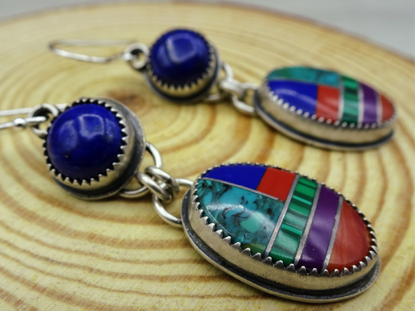 ES-192 Inlay Gemstones with Lapis Lazuli and Sterling Silver Earrings
