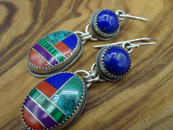 ES-192 Inlay Gemstones with Lapis Lazuli and Sterling Silver Earrings