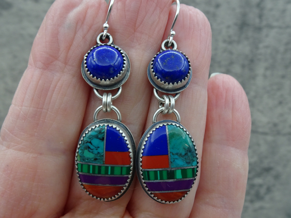 ES-192 Inlay Gemstones with Lapis Lazuli and Sterling Silver Earrings