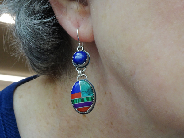 ES-192 Inlay Gemstones with Lapis Lazuli and Sterling Silver Earrings