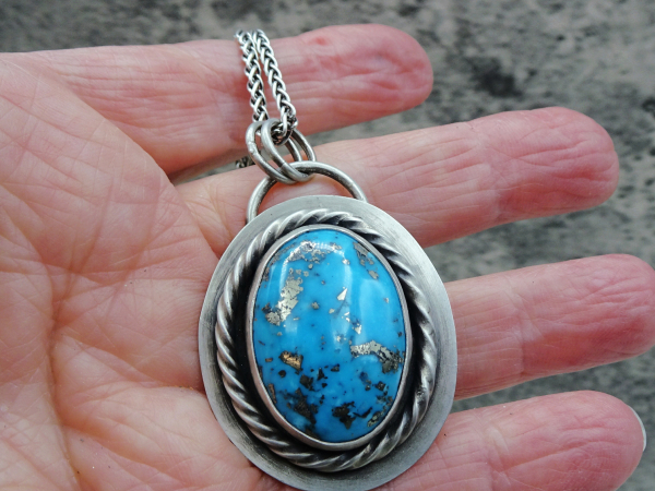 NS-140 Ithaca Peak - Large Oval Turquoise and Sterling Silver Pendant