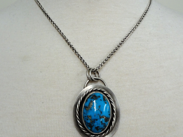 NS-140 Ithaca Peak - Large Oval Turquoise and Sterling Silver Pendant