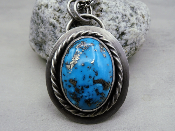NS-140 Ithaca Peak - Large Oval Turquoise and Sterling Silver Pendant