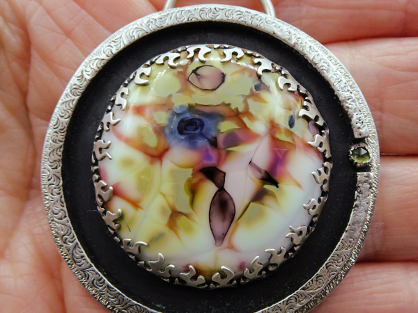 NS-142 Blue Rose Artisan Glass and Peridot Sterling Silver Pendant