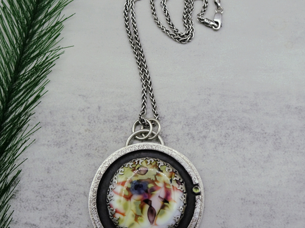 NS-142 Blue Rose Artisan Glass and Peridot Sterling Silver Pendant