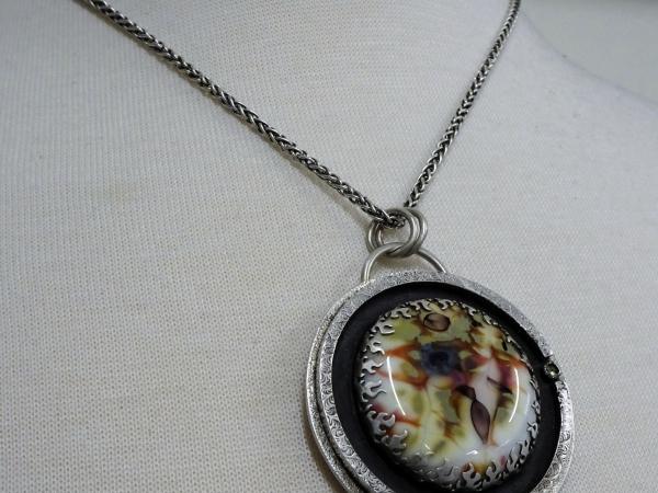 NS-142 Blue Rose Artisan Glass and Peridot Sterling Silver Pendant