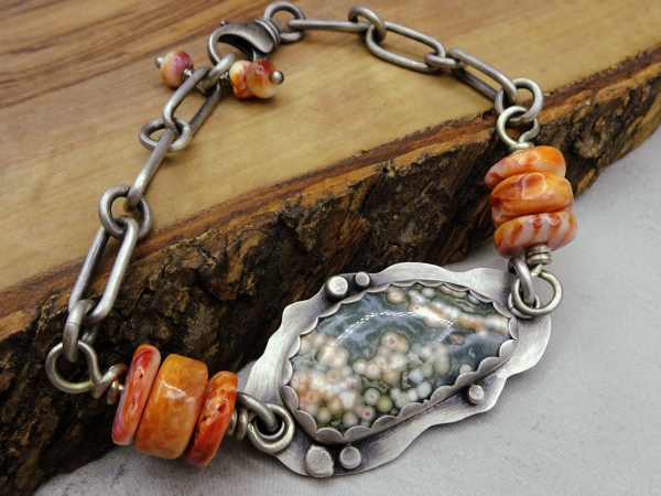 BS-59 Ocean Jasper, Spiny Oyster and Sterling Silver Bracelet