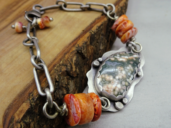 BS-59 Ocean Jasper, Spiny Oyster and Sterling Silver Bracelet