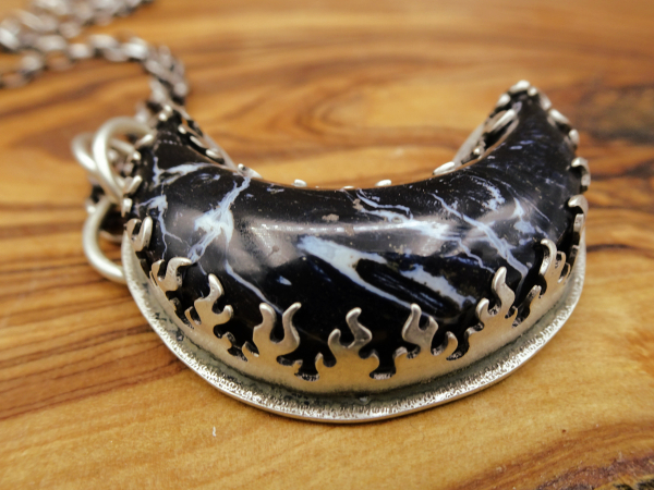 NS-112 Lunar - Crescent Petrified Black Palm and Sterling Silver Necklace