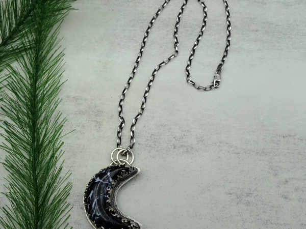 NS-112 Lunar - Crescent Petrified Black Palm and Sterling Silver Necklace