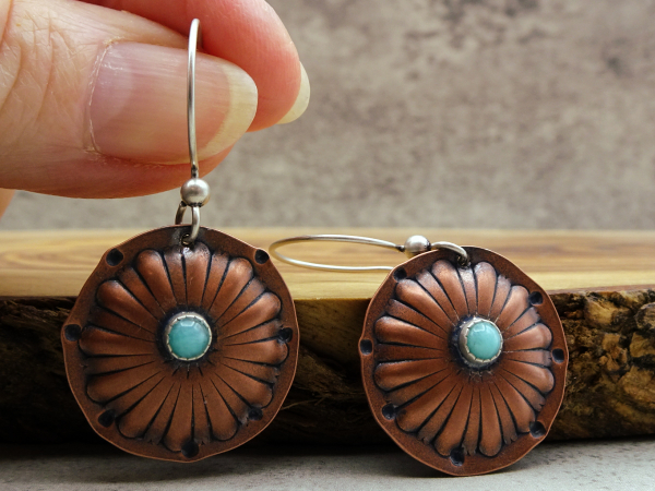 EC-3 Puffed Copper Flower Earrings with Amazonite
