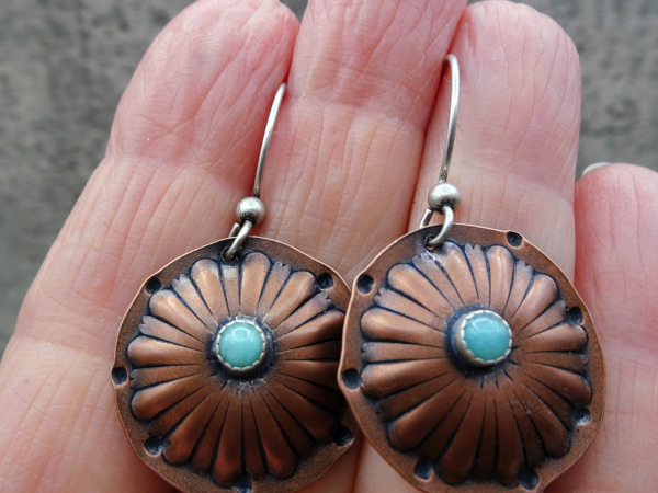 EC-3 Puffed Copper Flower Earrings with Amazonite