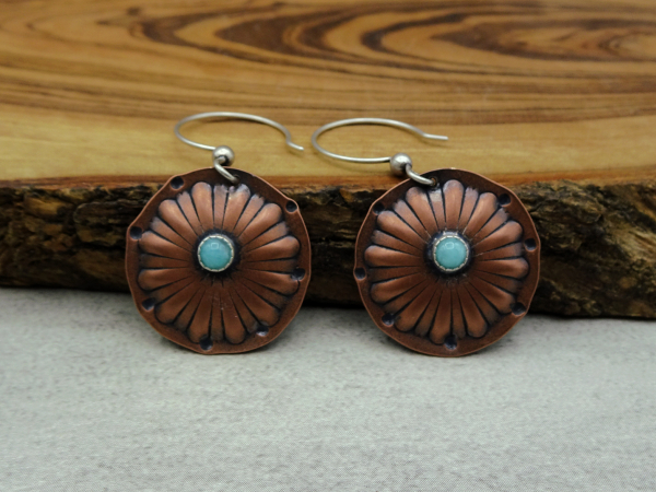 EC-3 Puffed Copper Flower Earrings with Amazonite