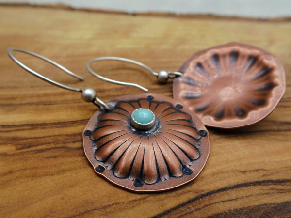 EC-3 Puffed Copper Flower Earrings with Amazonite