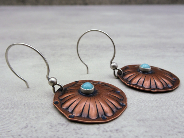 EC-3 Puffed Copper Flower Earrings with Amazonite
