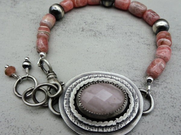 BS-55 Rhodochrosite and Rose Quartz Sterling Silver Adjustable Bracelet