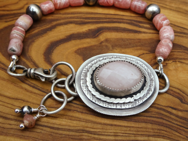 BS-55 Rhodochrosite and Rose Quartz Sterling Silver Adjustable Bracelet