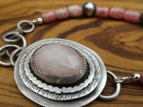 BS-55 Rhodochrosite and Rose Quartz Sterling Silver Adjustable Bracelet