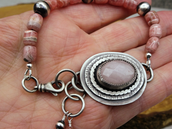 BS-55 Rhodochrosite and Rose Quartz Sterling Silver Adjustable Bracelet