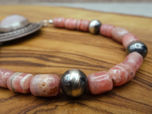 BS-55 Rhodochrosite and Rose Quartz Sterling Silver Adjustable Bracelet