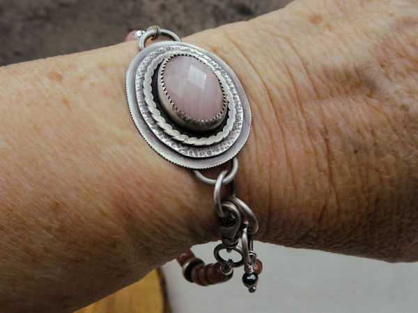 BS-55 Rhodochrosite and Rose Quartz Sterling Silver Adjustable Bracelet