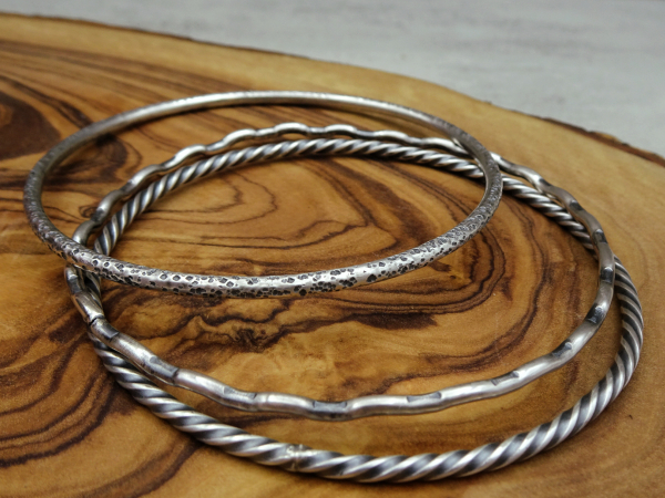 BS-50 Set of 3 Textured Sterling Silver Bangles - (Medium Size Bangles)