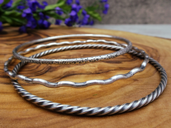 BS-50 Set of 3 Textured Sterling Silver Bangles - (Medium Size Bangles)