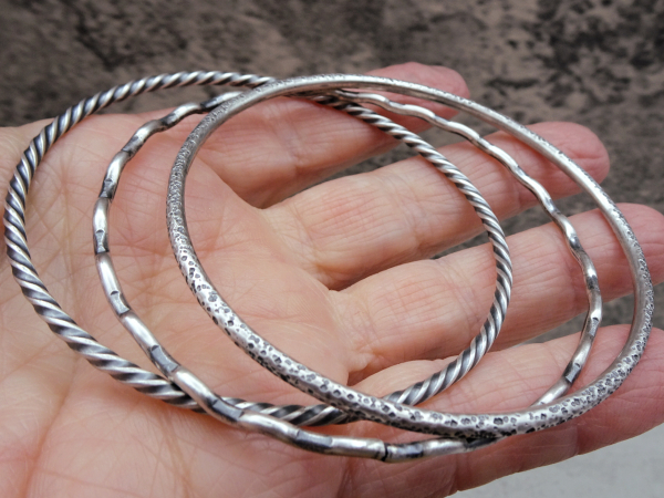 BS-50 Set of 3 Textured Sterling Silver Bangles - (Medium Size Bangles)