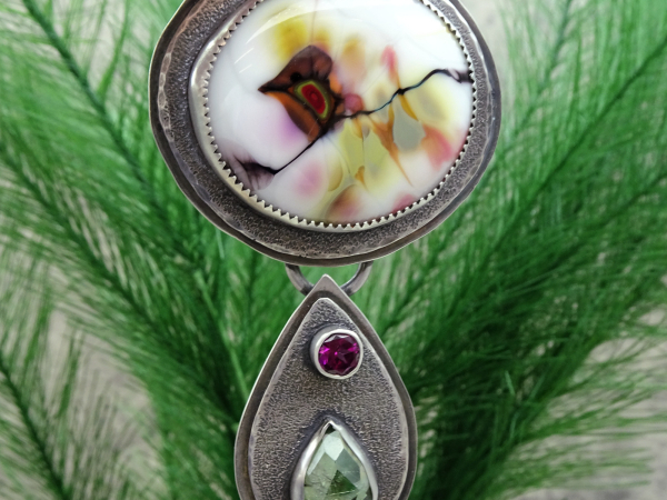 NS-135 - Art Glass, Peridot, and Rhodolite Garnet Sterling Silver Pendant