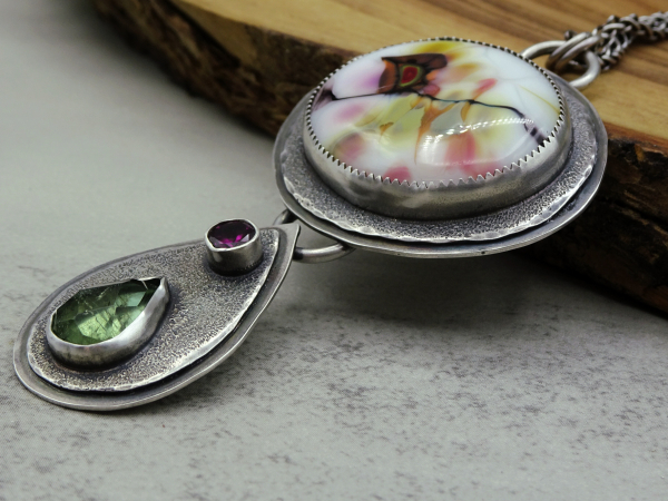 NS-135 - Art Glass, Peridot, and Rhodolite Garnet Sterling Silver Pendant
