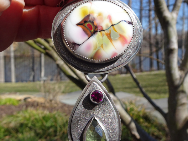NS-135 - Art Glass, Peridot, and Rhodolite Garnet Sterling Silver Pendant
