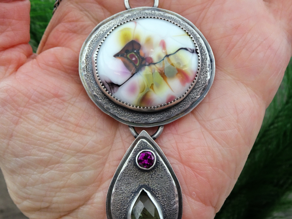 NS-135 - Art Glass, Peridot, and Rhodolite Garnet Sterling Silver Pendant