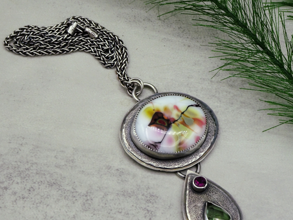 NS-135 - Art Glass, Peridot, and Rhodolite Garnet Sterling Silver Pendant