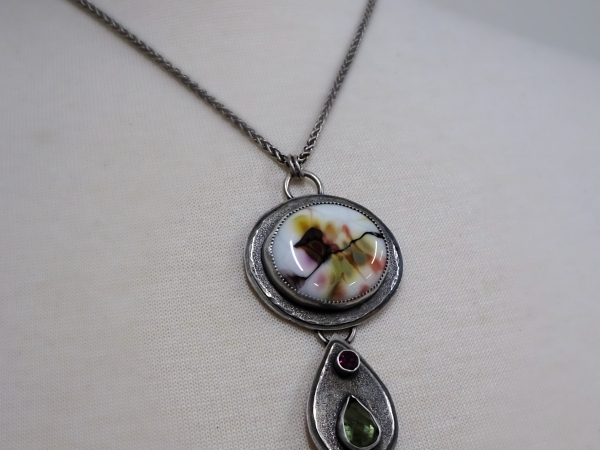 NS-135 - Art Glass, Peridot, and Rhodolite Garnet Sterling Silver Pendant