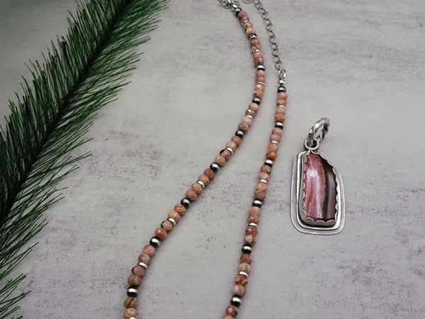 NS-125 Rhodochrosite and Sterling Silver Necklace and Pendant
