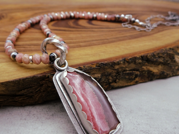 NS-125 Rhodochrosite and Sterling Silver Necklace and Pendant