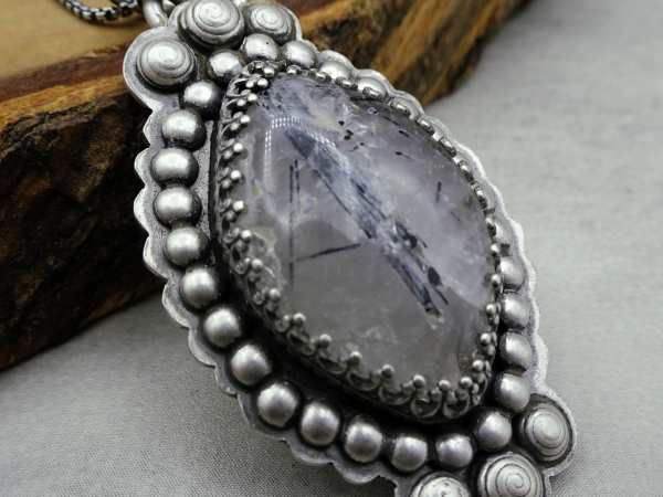 NS-138 Tourmilated Quartz and  Sterling Silver Pendant Necklace