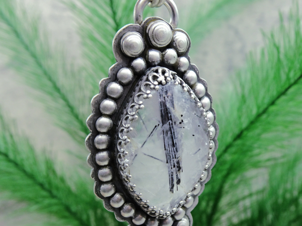 NS-138 Tourmilated Quartz and  Sterling Silver Pendant Necklace