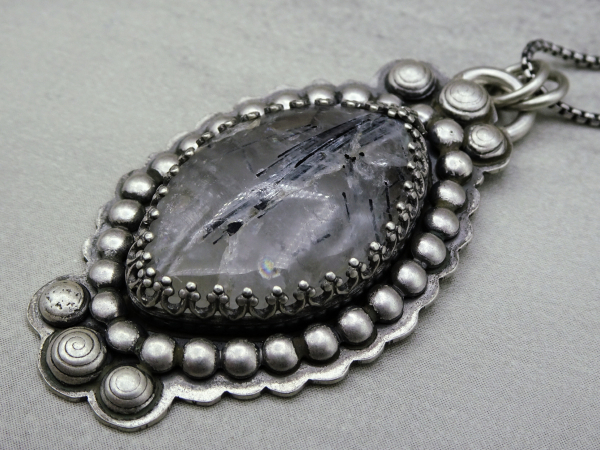 NS-138 Tourmilated Quartz and  Sterling Silver Pendant Necklace