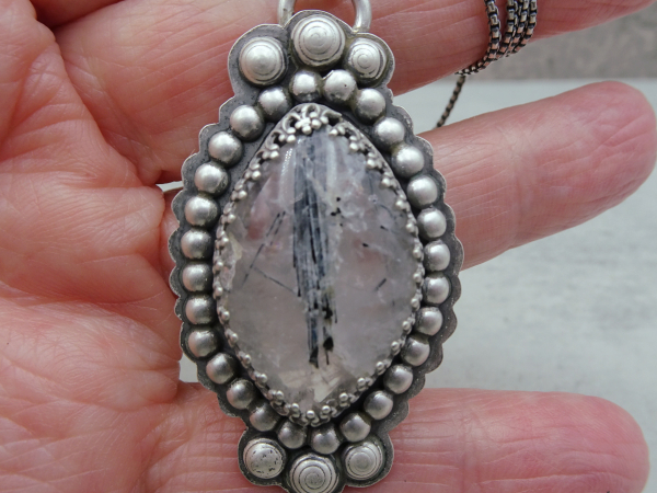 NS-138 Tourmilated Quartz and  Sterling Silver Pendant Necklace