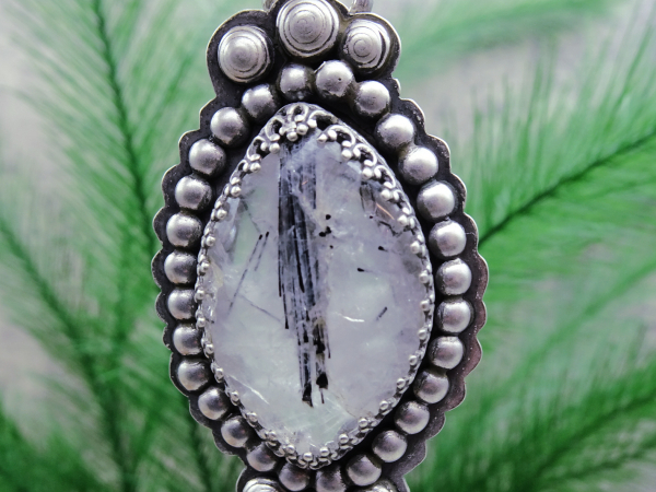 NS-138 Tourmilated Quartz and  Sterling Silver Pendant Necklace
