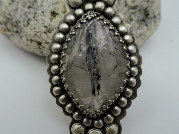 NS-138 Tourmilated Quartz and  Sterling Silver Pendant Necklace