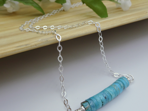 NS-59 Sterling Silver and Turquoise Heishi Gemstone Bar Necklace