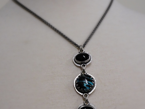 NS-134 Yungai Turquoise and Onyx Three Stone Sterling Silver Pendant